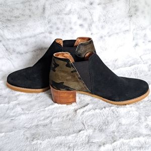 All Black brand black camo suede 2in stacked heel ankle bootie. Size 38.